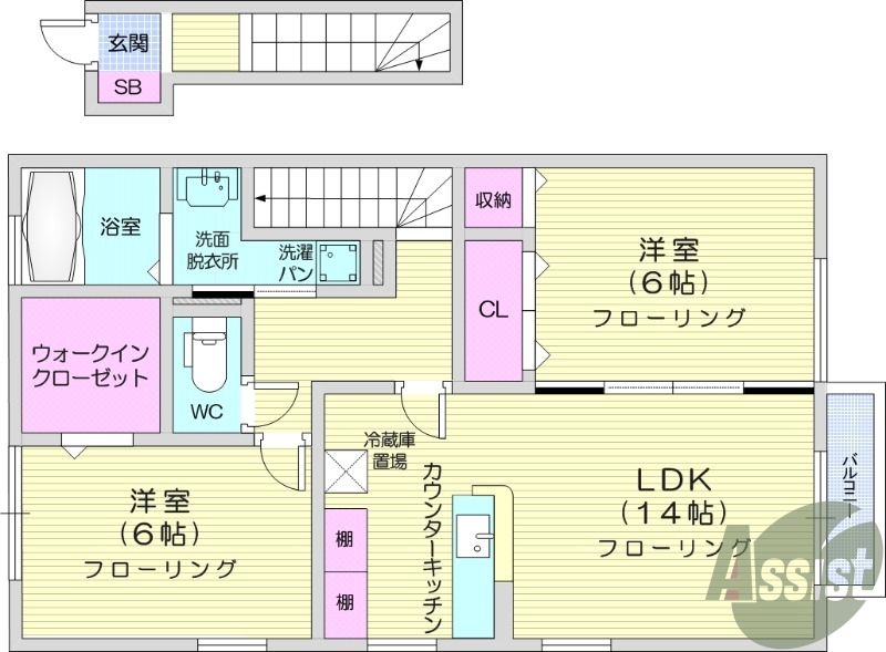 2LDK、南向き、2階、TV付きモニター、物置、バストイレ別