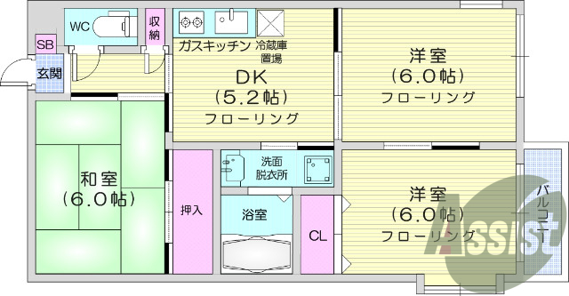 ３DK、独立洗面台、駐車場付き、バストイレ別