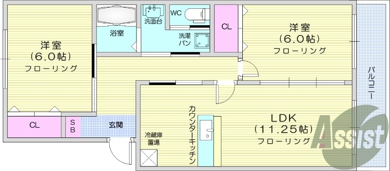 2ＬＤＫ、カウンターキッチン、洗面化粧台、ウォシュレット