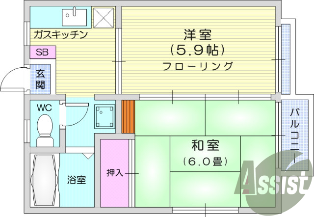 ２K、都市ガス、南向き、インターネット無料、バルコニー