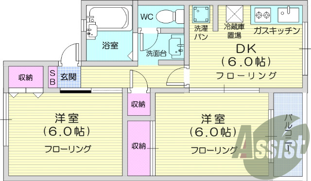 ２D、南向き、洋室6帖、独立洗面台、インターネット無料