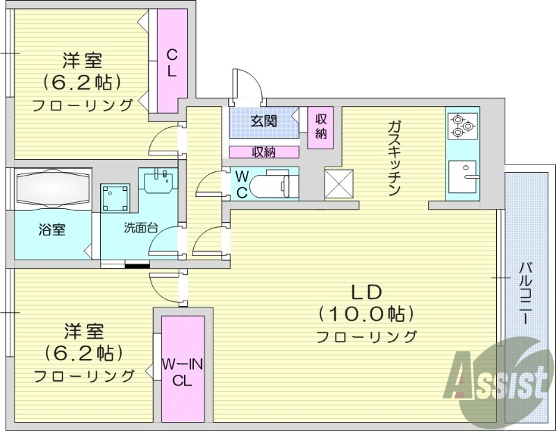 2LDK、インターネット無料、都市ガス仕様