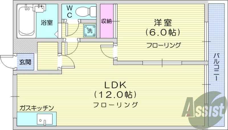 1LDK、バルコニー、浴室、南東向き、ガスキッチン