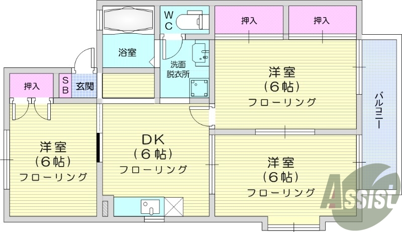 3DK、2階、南向き、追い焚き、モニター付きインターフォン