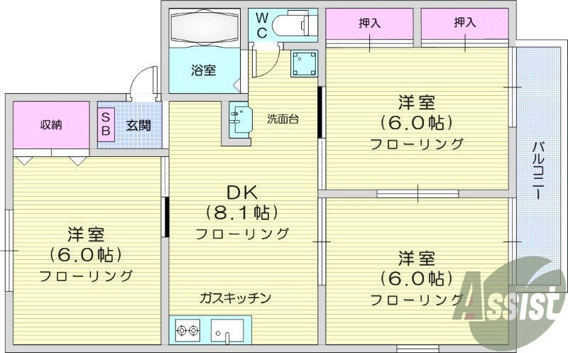 3DK、角部屋、TVインターホン、駐車場有