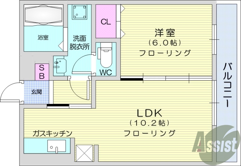 1LDK、フローリング、バルコニー、独立洗面台、南向き