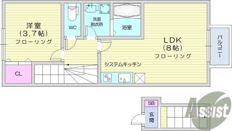 1LDK、インターネット使用料無料、エアコン2台