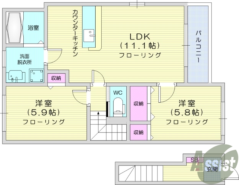 2LDK、ネット無料、独立洗面台、エアコン、室内洗濯機置き場