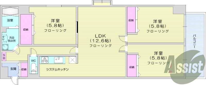 3LDK、TVインターホン、エアコン付き