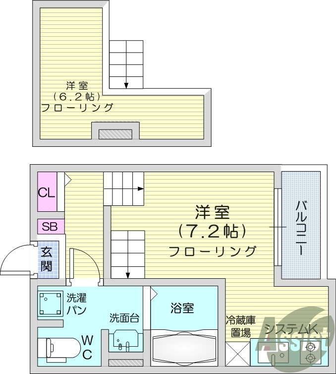 1K、ロフト、浴室乾燥、洗面所、ネット無料、ガスコンロ２口