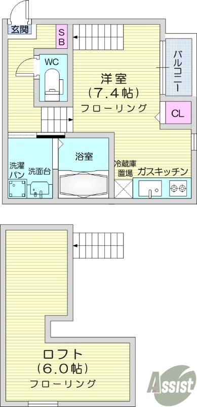 1K、ロフト付き、デザイナーズ、２４時間換気システム