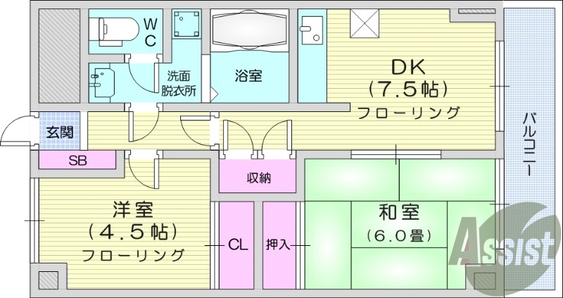 2DK、マンション、バストイレ別、オートロック、独立洗面台