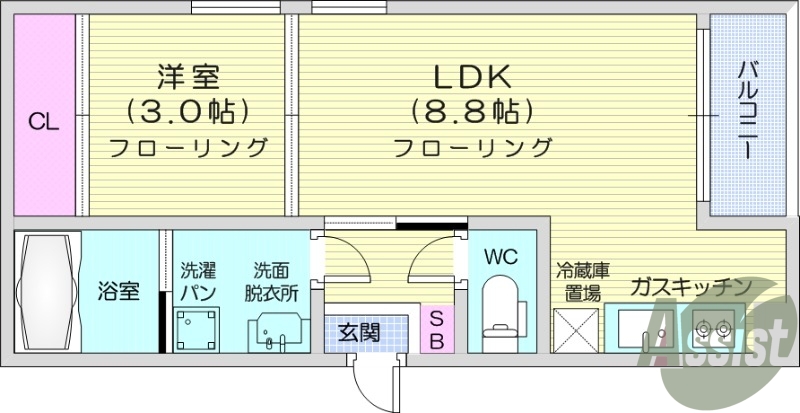 1LDK、フローリング、モニター付きインターホン、浴室乾燥機