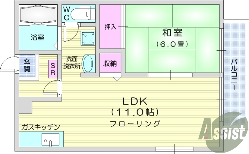 1LDK、バルコニー、和室、ガスキッチン、ネット無料