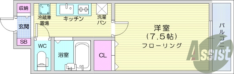 1K、モニター付きインターホン、バストイレ別