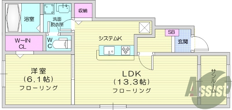 1LDK、インターネット無料、ウォークインクローゼット付き