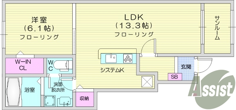 1LDK、インターネット無料、ウォークインクローゼット付き