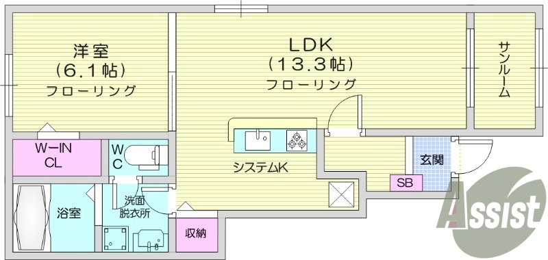 1LDK、インターネット無料、ウォークインクローゼット付き