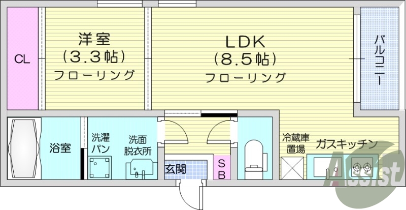 1LDK、フローリング、モニター付きインターホン、浴室乾燥機