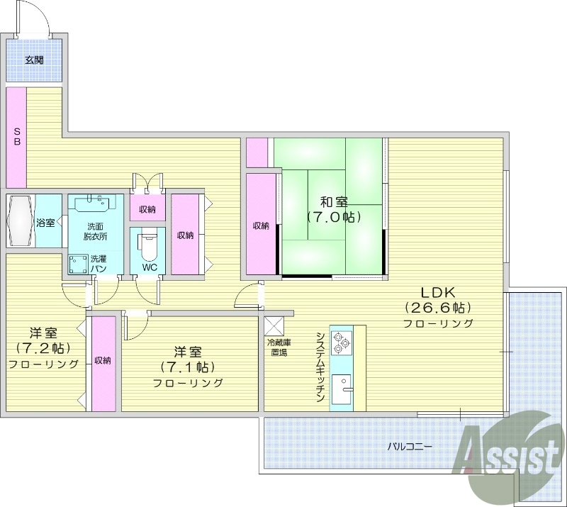 3LDK、都市ガス、オーブン、食洗器、エアコン２基