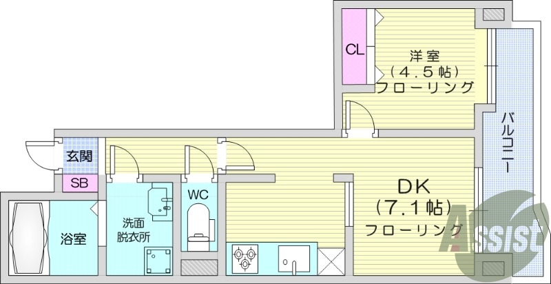 1DK、マンション、角部屋、バストイレ別、室内洗濯機置き場