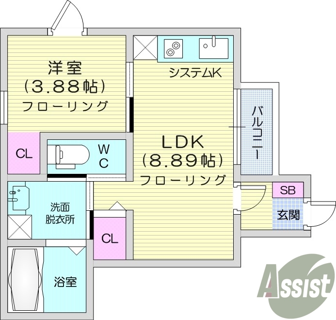 1LDK、フロリーーング、モニター付きインターホン