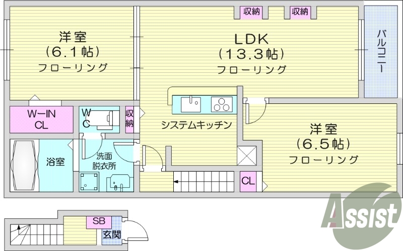 2LDK、インターネット無料、ウォークインクローゼット付き