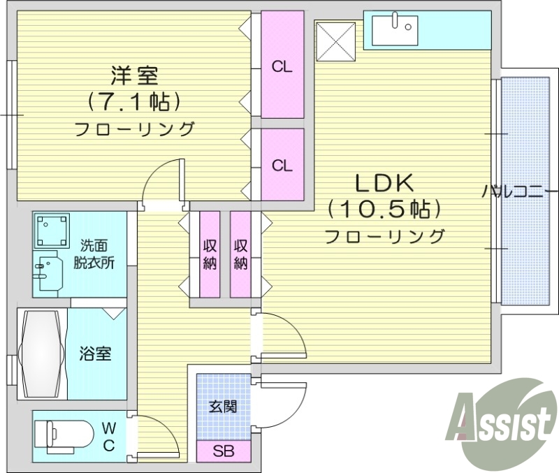 1LDK、バルコニー、エアコン、独立洗面台、バストイレ別