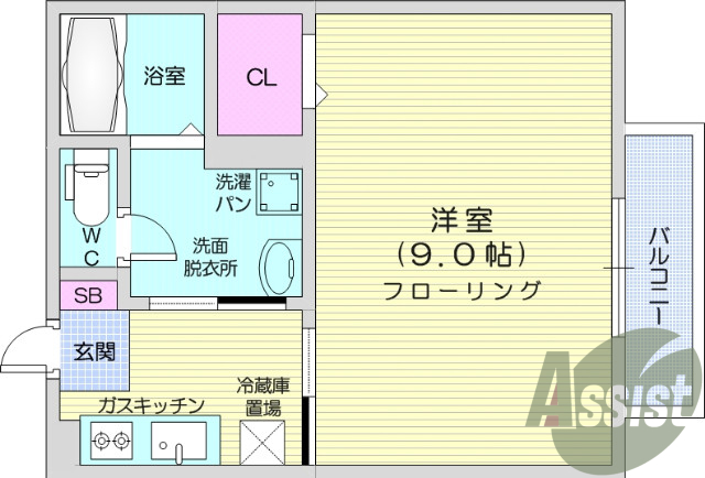 １K・エアコン、TVインターホン、居室照明、脱衣所