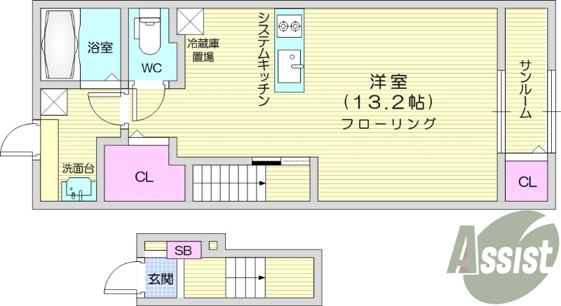 1R、サンルーム、防犯カメラ、ネット使用料不要、24時間換気