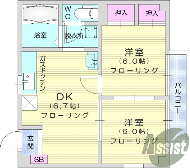 2DK、角部屋、追い焚き機能、押入、二人入居可、南向き