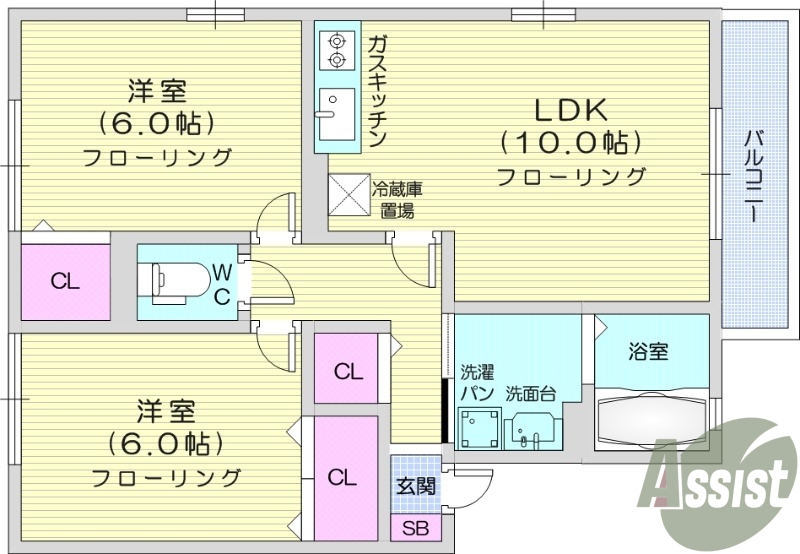 2LDK、南向き、独立洗面台、温水洗浄便座、物置、BS