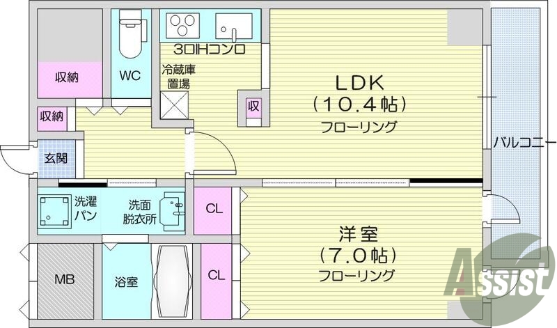 1LDK、エアコン、IH、トランクルーム、システムキッチン。