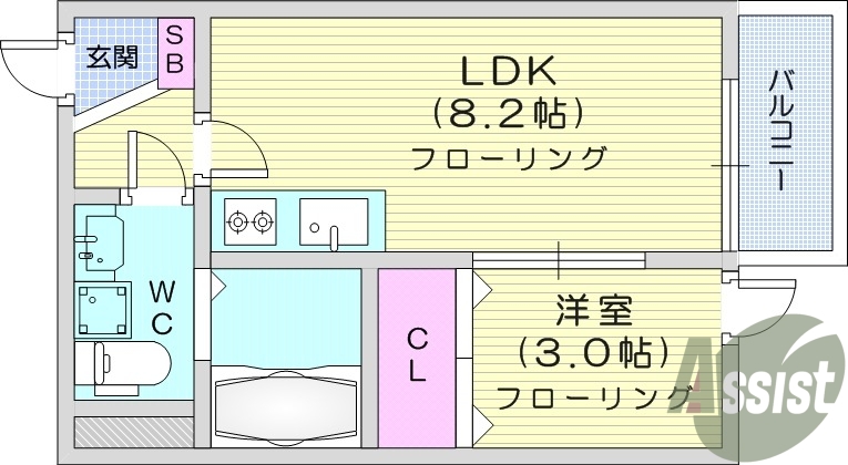 1LDK、独立洗面台、エアコン、バルコニー