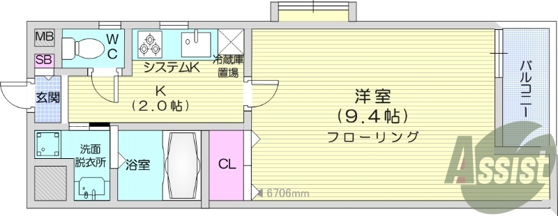 １K、バルコニー、バス・トイレ別、システムキッチン