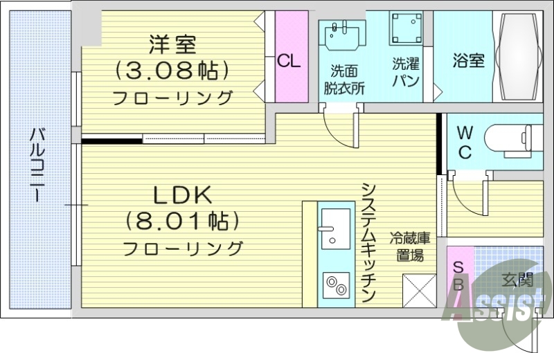 1LDK、フローリング、浴室乾燥機、モニター付きインターホン