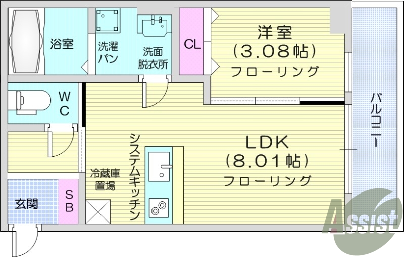 1LDK、フローリング、浴室乾燥機、モニター付き