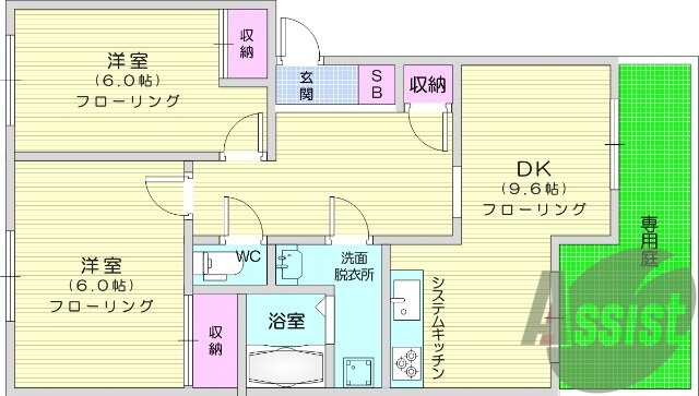 2DK、専用庭、小型犬相談可、全室フローリング、バストイレ別