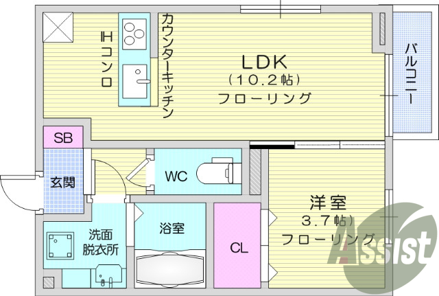 1LDK、エアコン、クローゼット、IHコンロ