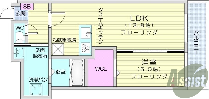 1LDK、エアコン、室内洗濯機置き場。収納、トイレ浴室別