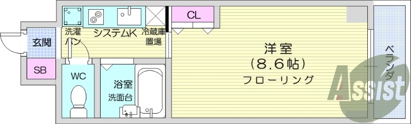 １K、駐輪場一台無料、室内洗濯機置場、バストイレ別