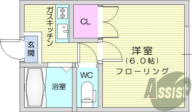 1Ｋ，エアコン、室内洗濯機置場、トイレ浴室別、クローゼット