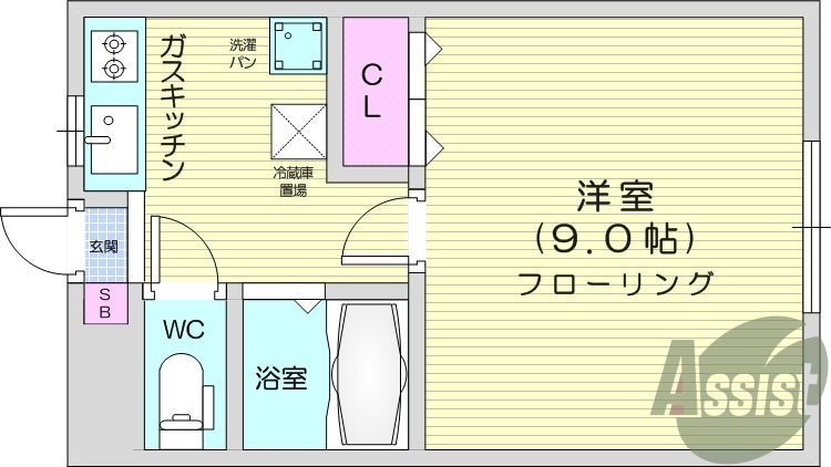 1K、エアコン、温水洗浄便座、室内洗濯機置場、インターホン。