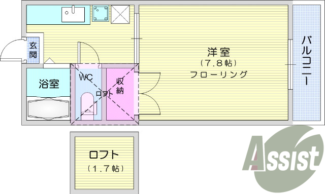 1K、ロフト、ネット無料、フローリング、温水洗浄便座