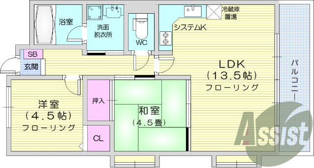 2LDK、バルコニー、独立洗面台、洗面所独立、和室