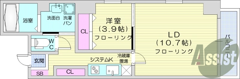 1LDK、バス・トイレ別。インターネット使用料無料。