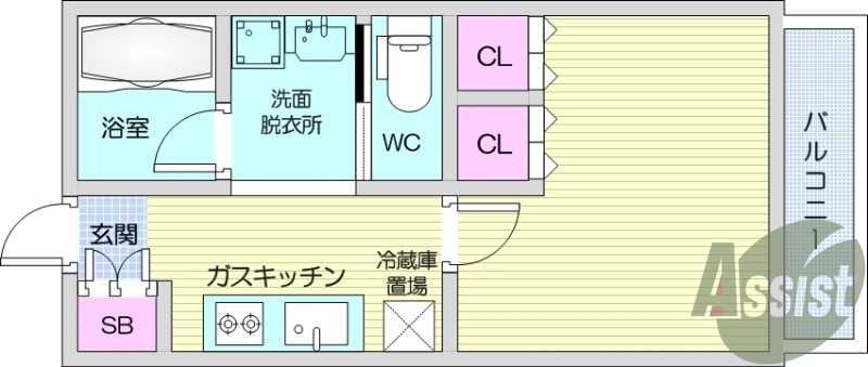 1K、エアコン、ネット無料、システムキッチン、バストイレ別