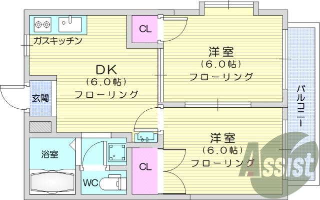2DK、シャンプードレッサー、温水洗浄便座。