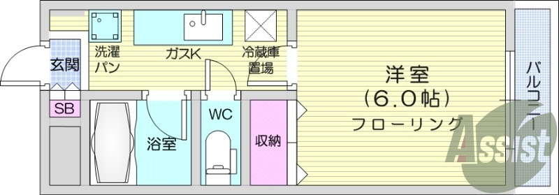 1K、フローリング、エアコン、バルコニー