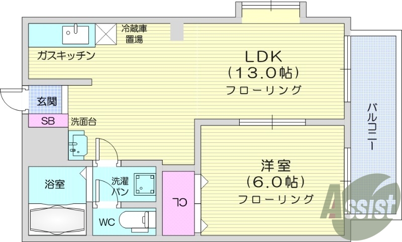 1LDK、バストイレ別、ウォシュレット、エアコン、バルコニー